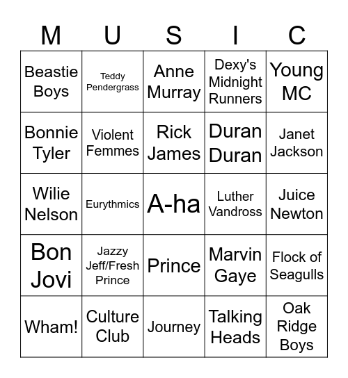 MUSIC BINGO 80's & 80's (67) Bingo Card