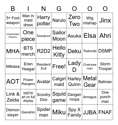 Comic Con bingo Card