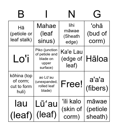 Kalo Bingo Card