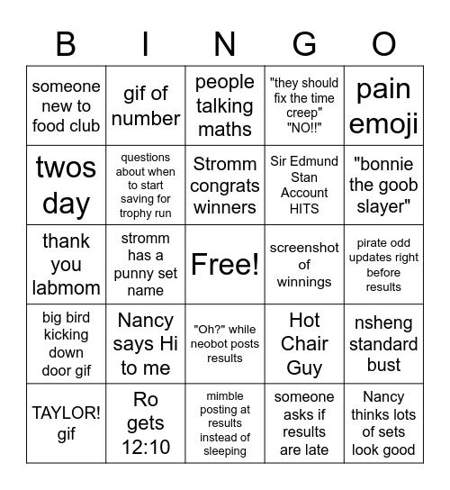 Food Club Bingo Card