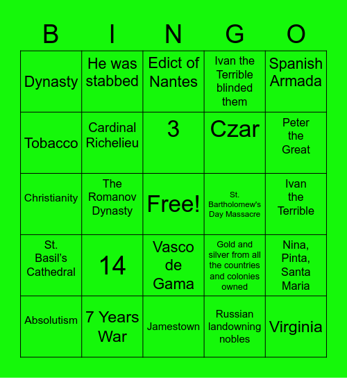 Age of Absolutism Bingo Card