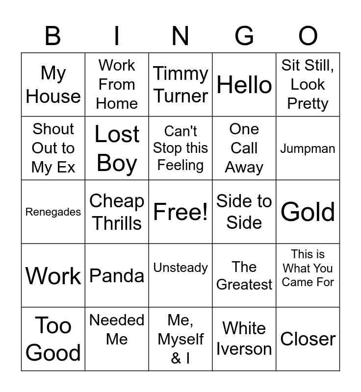 2016 Chart Toppers Bingo Card