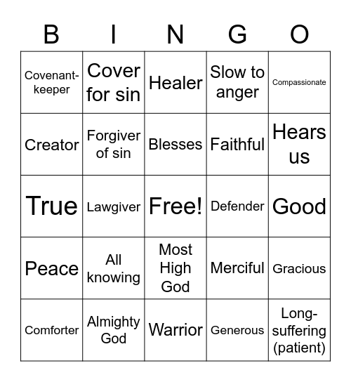 God's Characteristics Bingo Card