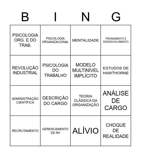 Bingo Psicologia Organizacional e do Trabalho Bingo Card