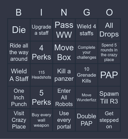Zombies Bingo Card