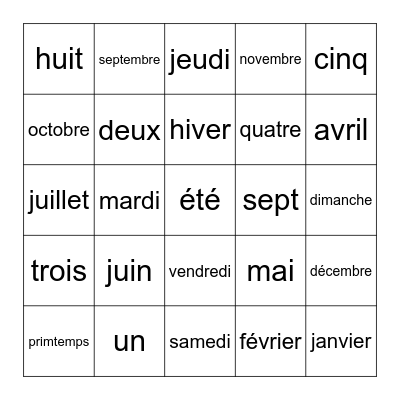 BINGO! leçon 4 Bingo Card