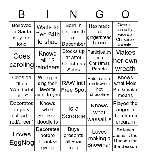 RAW Community Christmas Pamper Party Bingo Card