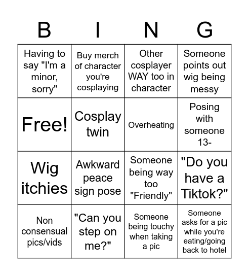 Cosplaying Bingo Card