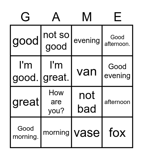 LESSON 1. HOW ARE YOU? Bingo Card