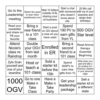 Gracious Oils Team Bingo Card