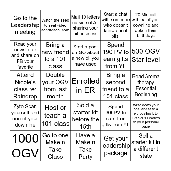 Gracious Oils Team Bingo Card
