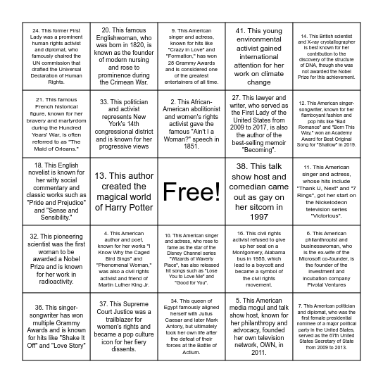 Famous Women Bingo Card