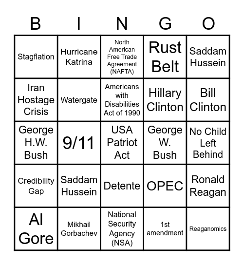 Nixon to Obama Bingo Card