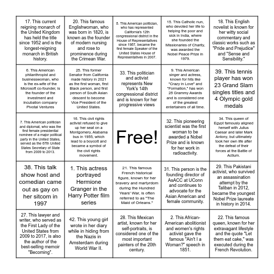 Famous Women Bingo Card