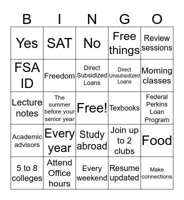 College Bingo Card