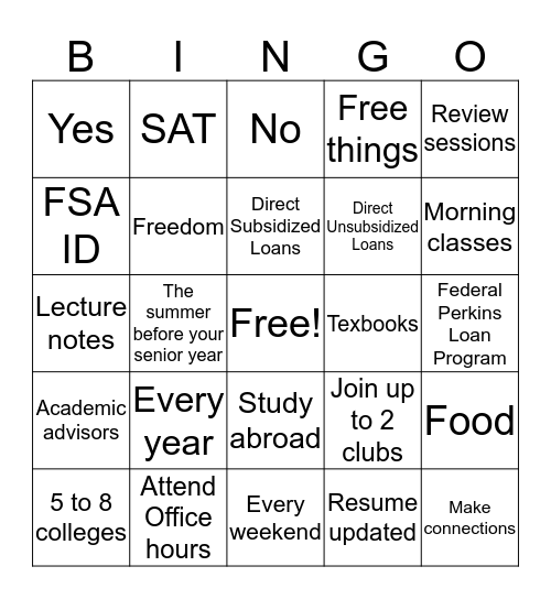 College Bingo Card