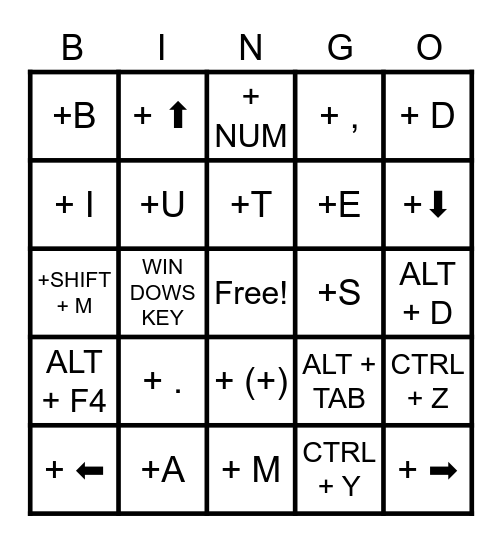 WINDOWS KEY COMMANDS Bingo Card