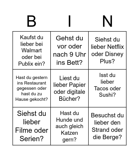 Präferenz Interview Bingo Card