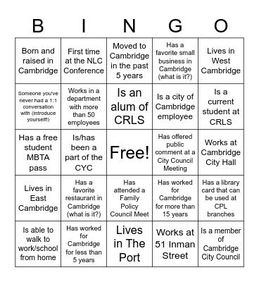 Cambridge @ NLC Conference Bingo Card