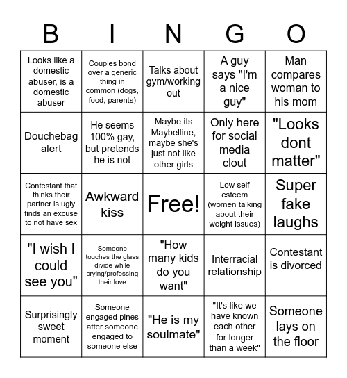 Love is Blind episodes 1-5 Bingo Card