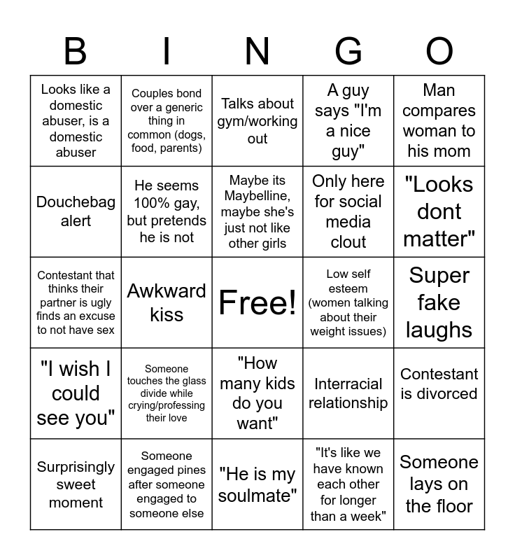 Love is Blind episodes 1-5 Bingo Card