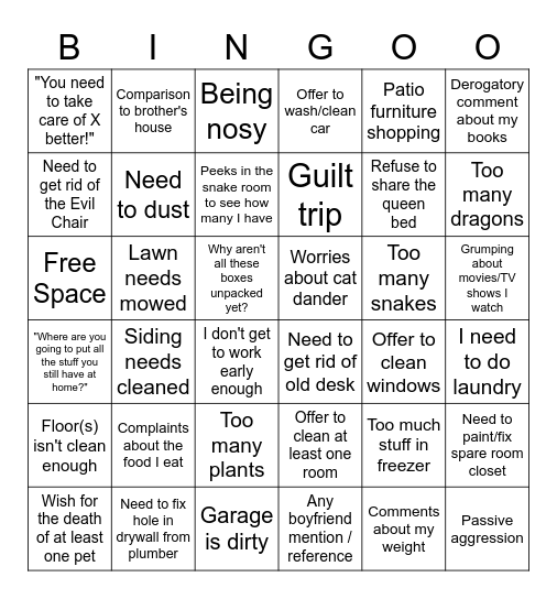 Family Visit Bingo Card