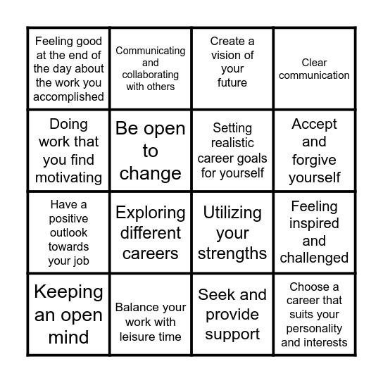 Occupational Wellness Bingo Card