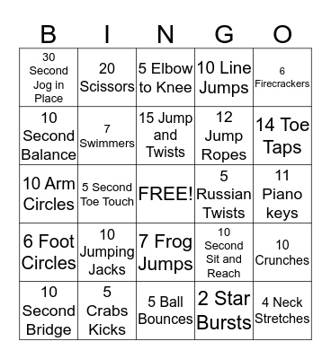Fitness Bingo Card