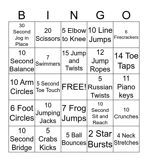 Fitness Bingo Card