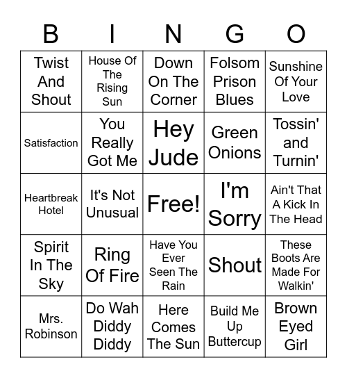 1960s Hits Bingo Card