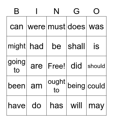 Helping Verbs Bingo Card