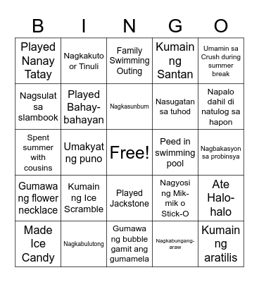 CHILDHOOD SUMMER STORIES Bingo Card