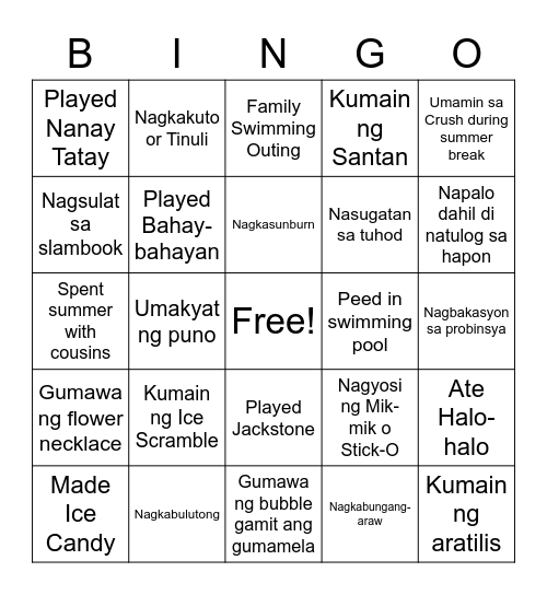 CHILDHOOD SUMMER STORIES Bingo Card