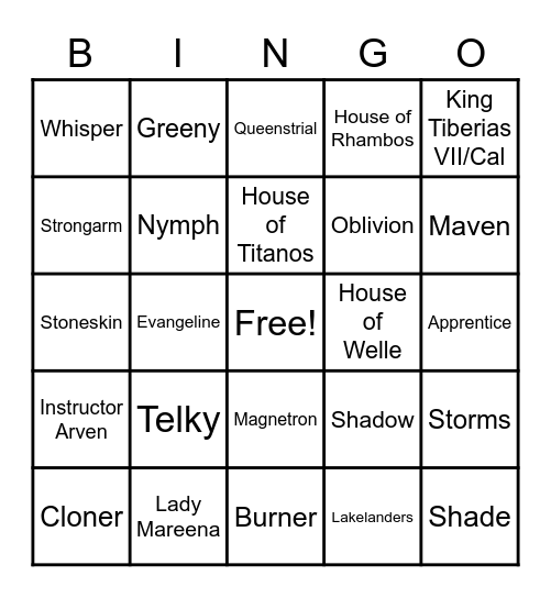 Red Queen Bingo Card