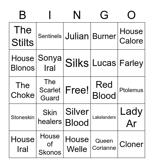 Red Queen Bingo Card