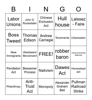 Gilded Age Bingo Card