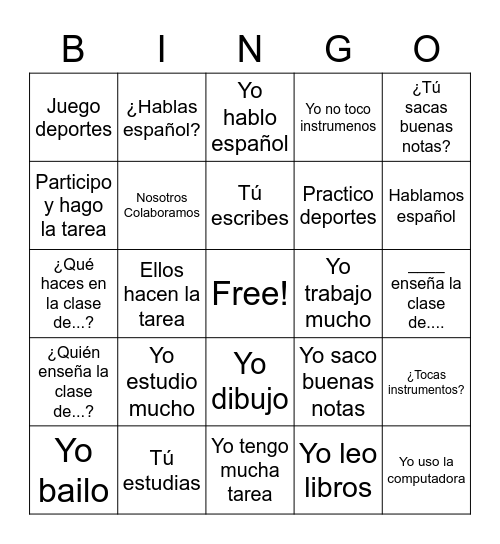 -ar conjugation Bingo Card