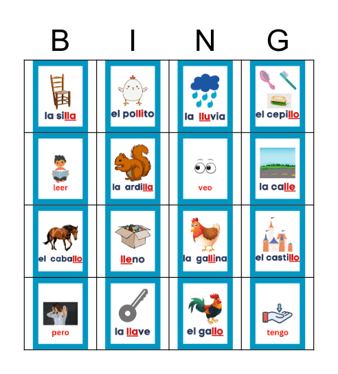 Letra LL y palabras de uso frequente Bingo Card