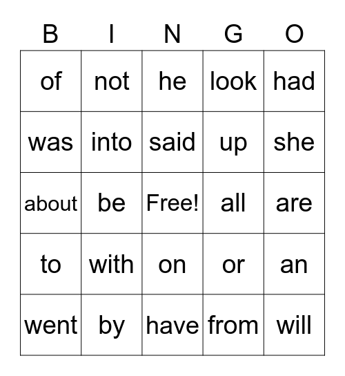 Sight word Bingo Card