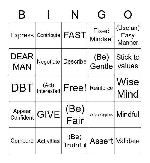 DBT- Interpersonal Effectiveness Bingo Card