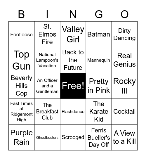 80s Movie Music Bingo Card