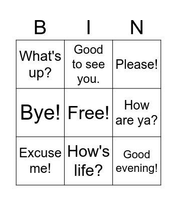English Greetings Bingo Card