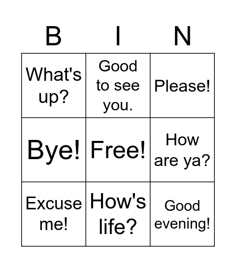 English Greetings Bingo Card