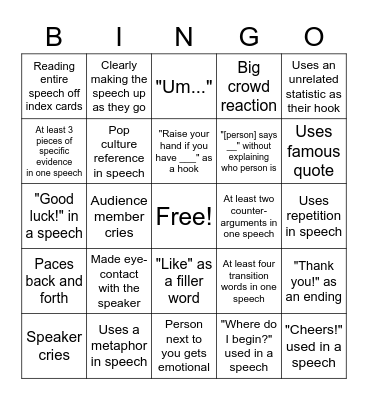 Speeches Bingo Card
