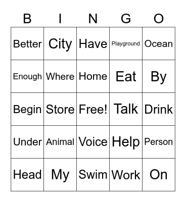 Sight Words Bingo Card
