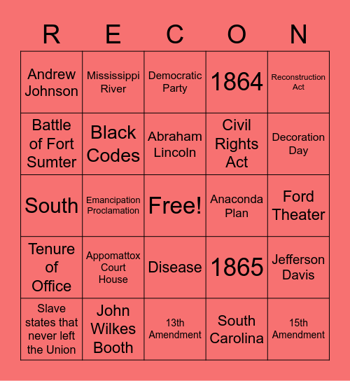 Civil War/ Reconstruction Bingo Card