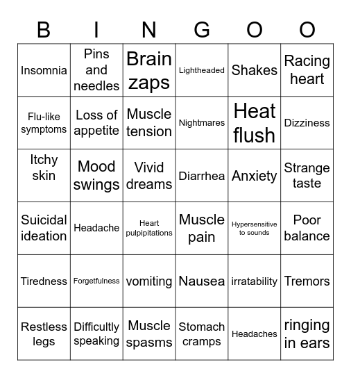 Sertraline Bingo Card