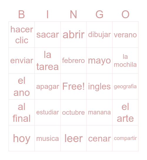 Unit 2 Vocabulary: Mi Rutina Diaria y La Escuela Bingo Card