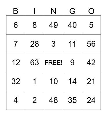 Mulitplication/Division Bingo Card