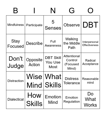 DBT Skills Bingo! Bingo Card